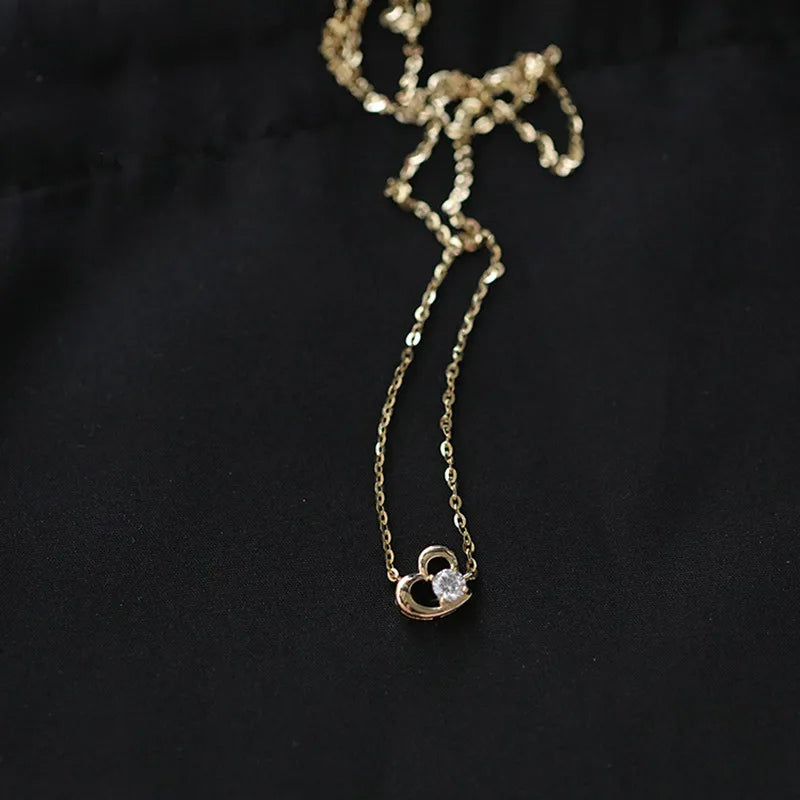 925 Sterling Silver 14k Gold Plated Necklace Temperament Cute Zircon Heart Pendant Clavicle Chain for Women Wedding Jewelry