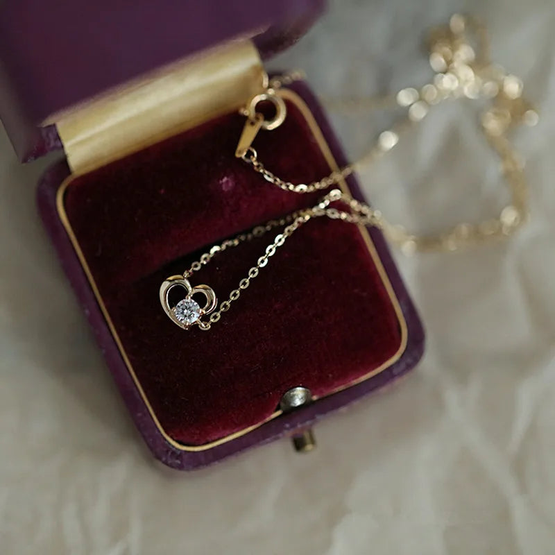 925 Sterling Silver 14k Gold Plated Necklace Temperament Cute Zircon Heart Pendant Clavicle Chain for Women Wedding Jewelry