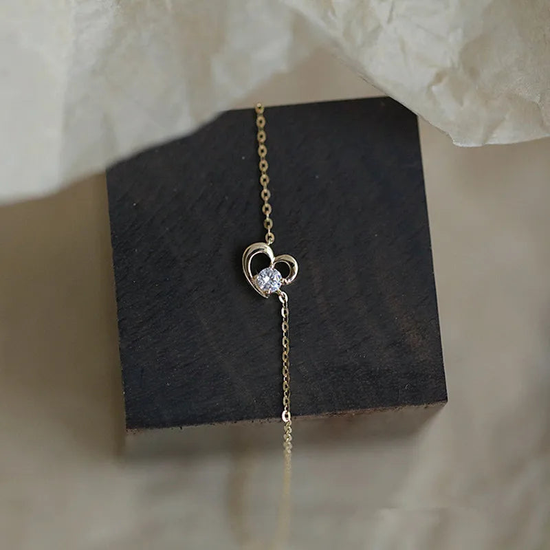 925 Sterling Silver 14k Gold Plated Necklace Temperament Cute Zircon Heart Pendant Clavicle Chain for Women Wedding Jewelry