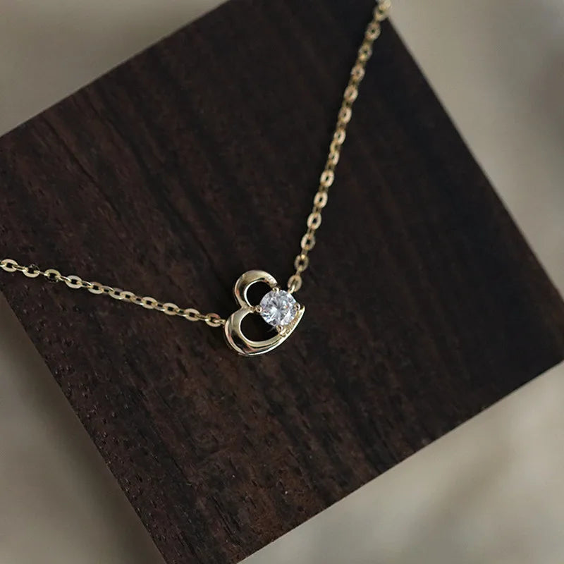 925 Sterling Silver 14k Gold Plated Necklace Temperament Cute Zircon Heart Pendant Clavicle Chain for Women Wedding Jewelry