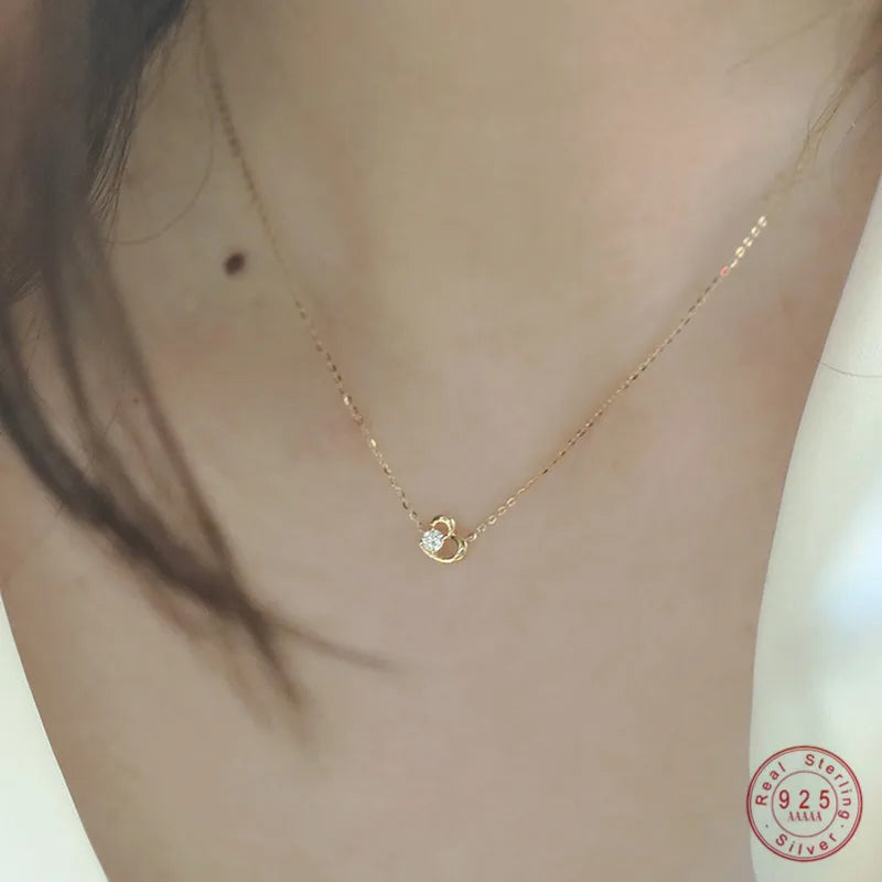 925 Sterling Silver 14k Gold Plated Necklace Temperament Cute Zircon Heart Pendant Clavicle Chain for Women Wedding Jewelry